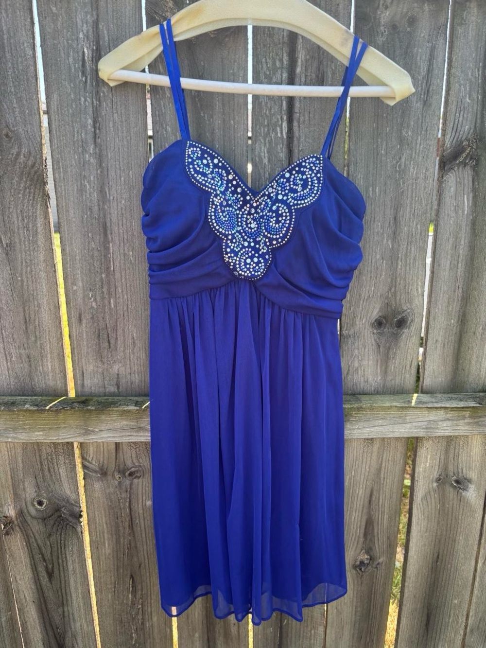 Women’s Royal Blue Spaghetti Strap Cocktail Dress with Embellished Bodice